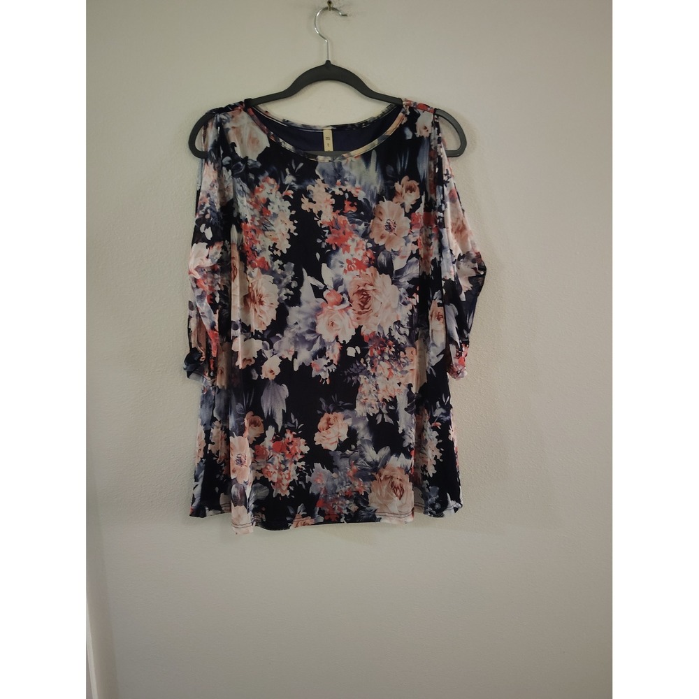 MTS Womens Floral Cold Shoulder Mesh Blouse Navy Pink Large‎ 3/4 Sleeve Top